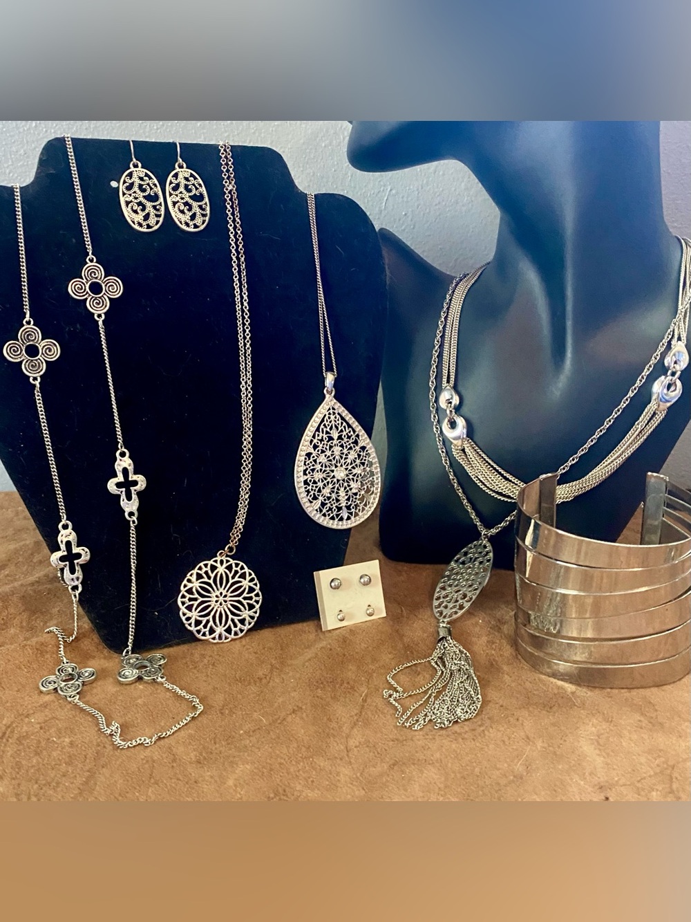 4 Long Boho & 1 choker Silver-Tone Necklaces, Wide Cuff Bracelet, 3 pair earring